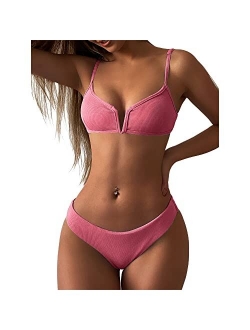 Women's V-Wire Padded Ribbed High Cut Cami Bikini Set Two Piece Swimsuit