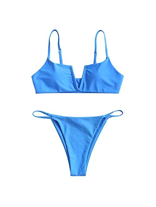 ZAFUL Women's V-Wire Padded Ribbed High Cut Cami Bikini Set Two Piece Swimsuit