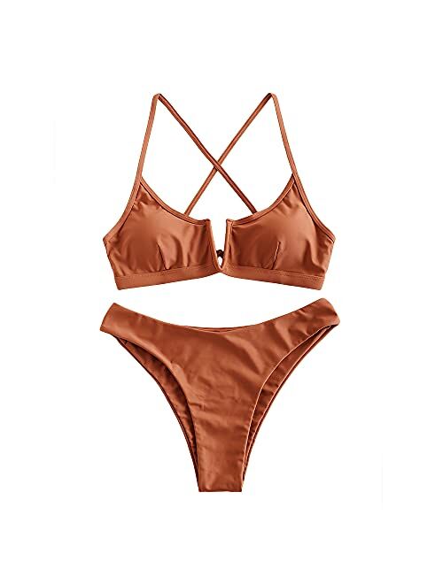 ZAFUL Women's V-Wire Padded Ribbed High Cut Cami Bikini Set Two Piece Swimsuit