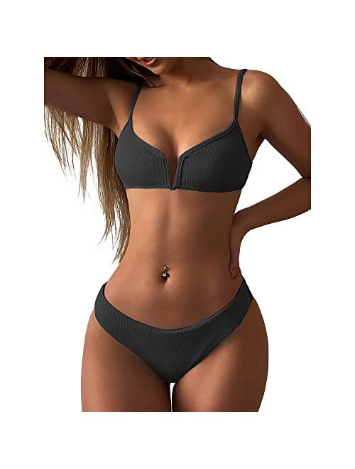 ZAFUL Women's V-Wire Padded Ribbed High Cut Cami Bikini Set Two Piece Swimsuit