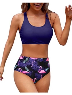 Holipick Women High Waisted Two Piece Bikini Sports Crop Top Swimsuit Scoop Neck Bathing Suit for Teen Girls with Shorts