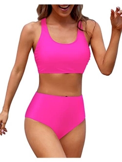 Holipick Women High Waisted Two Piece Bikini Sports Crop Top Swimsuit Scoop Neck Bathing Suit for Teen Girls with Shorts