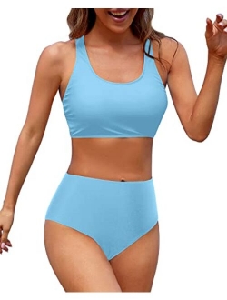 Holipick Women High Waisted Two Piece Bikini Sports Crop Top Swimsuit Scoop Neck Bathing Suit for Teen Girls with Shorts