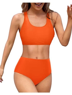 Holipick Women High Waisted Two Piece Bikini Sports Crop Top Swimsuit Scoop Neck Bathing Suit for Teen Girls with Shorts