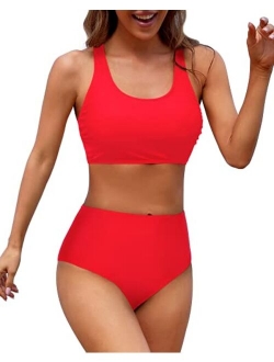 Holipick Women High Waisted Two Piece Bikini Sports Crop Top Swimsuit Scoop Neck Bathing Suit for Teen Girls with Shorts