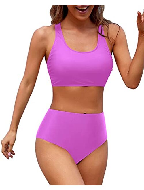 Holipick Women High Waisted Two Piece Bikini Sports Crop Top Swimsuit Scoop Neck Bathing Suit for Teen Girls with Shorts