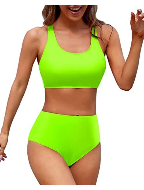 Holipick Women High Waisted Two Piece Bikini Sports Crop Top Swimsuit Scoop Neck Bathing Suit for Teen Girls with Shorts