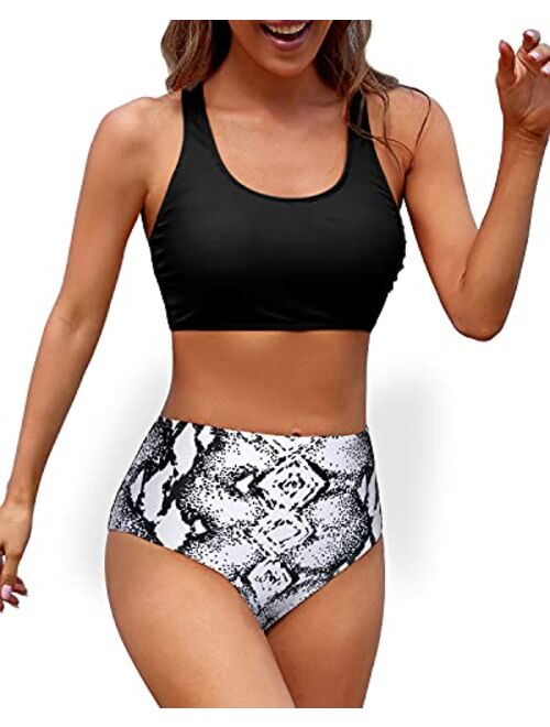 Holipick Women High Waisted Two Piece Bikini Sports Crop Top Swimsuit Scoop Neck Bathing Suit for Teen Girls with Shorts