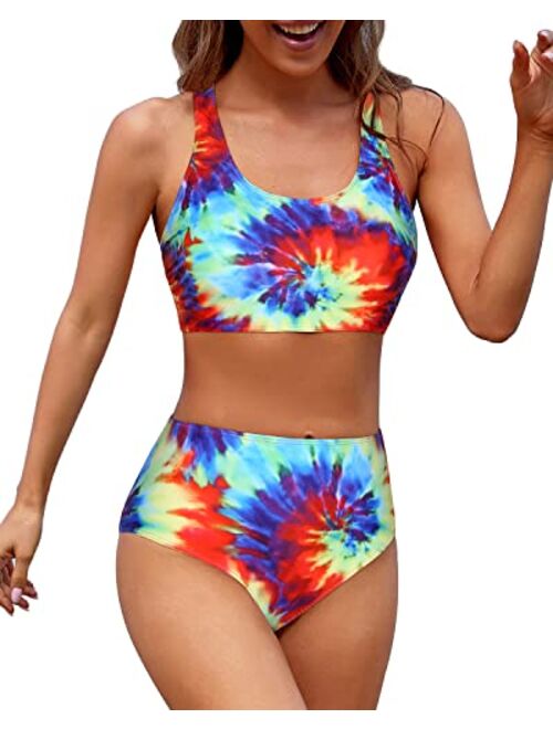 Holipick Women High Waisted Two Piece Bikini Sports Crop Top Swimsuit Scoop Neck Bathing Suit for Teen Girls with Shorts