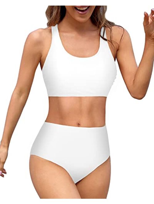 Holipick Women High Waisted Two Piece Bikini Sports Crop Top Swimsuit Scoop Neck Bathing Suit for Teen Girls with Shorts