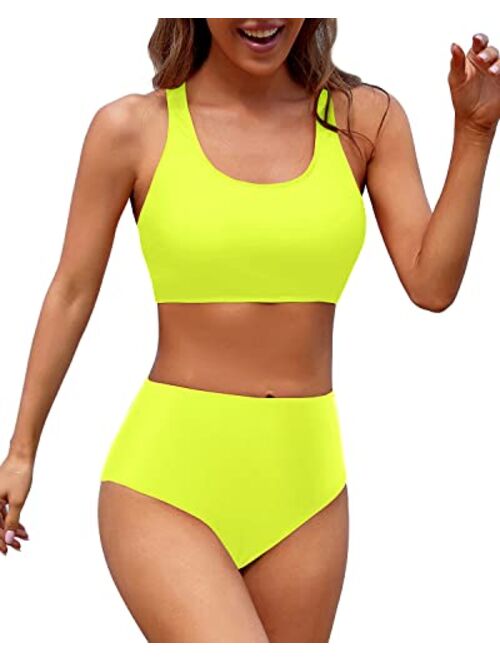 Holipick Women High Waisted Two Piece Bikini Sports Crop Top Swimsuit Scoop Neck Bathing Suit for Teen Girls with Shorts