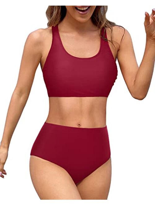 Holipick Women High Waisted Two Piece Bikini Sports Crop Top Swimsuit Scoop Neck Bathing Suit for Teen Girls with Shorts