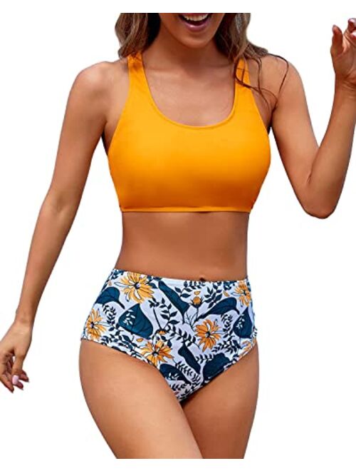 Holipick Women High Waisted Two Piece Bikini Sports Crop Top Swimsuit Scoop Neck Bathing Suit for Teen Girls with Shorts