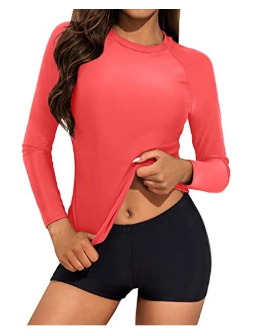 Daci Women Two Piece Rash Guard Long Sleeve Swimsuits UV UPF 50+ Swim Shirt Bathing Suit with Boyshort Bottom