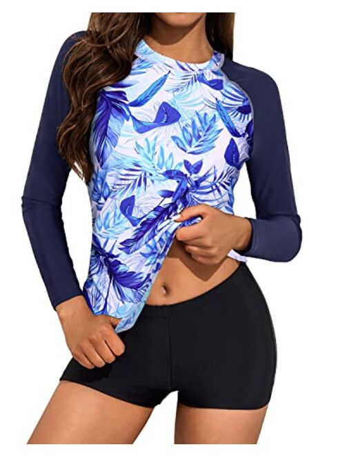 Daci Women Two Piece Rash Guard Long Sleeve Swimsuits UV UPF 50+ Swim Shirt Bathing Suit with Boyshort Bottom