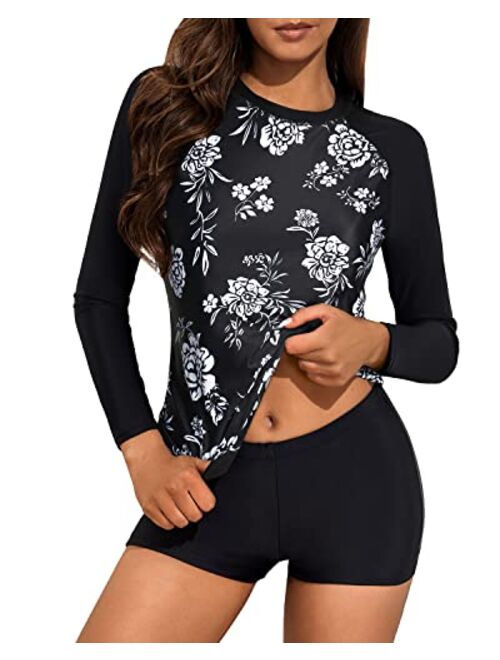 Daci Women Two Piece Rash Guard Long Sleeve Swimsuits UV UPF 50+ Swim Shirt Bathing Suit with Boyshort Bottom