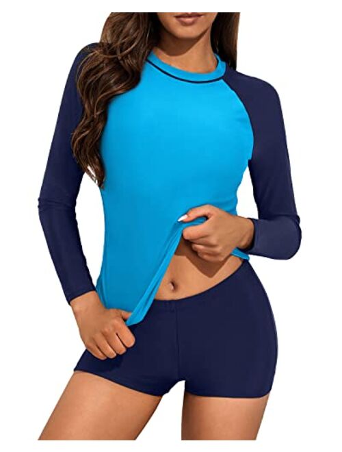 Daci Women Two Piece Rash Guard Long Sleeve Swimsuits UV UPF 50+ Swim Shirt Bathing Suit with Boyshort Bottom