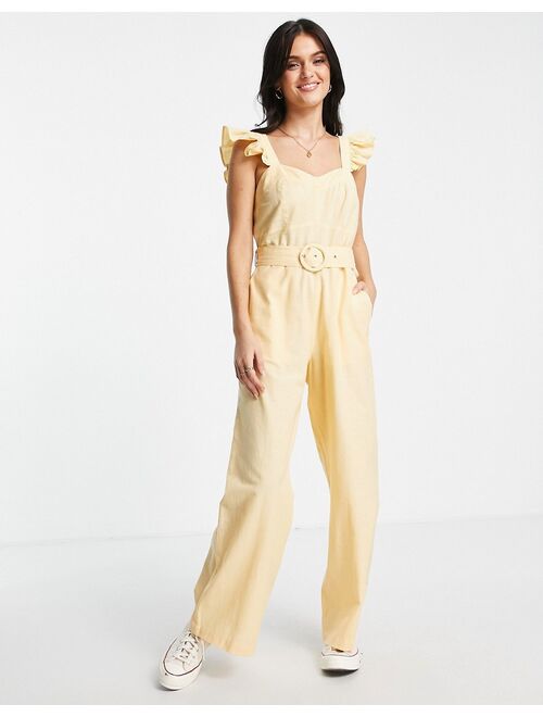 Miss Selfridge cotton flax frill strap belted jumpsuit in buttermilk