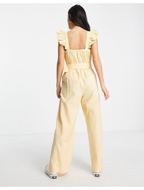 Miss Selfridge cotton flax frill strap belted jumpsuit in buttermilk