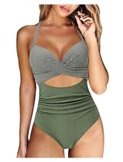 RXRXCOCO Women Front Cross Cutout One Piece Swimsuit Tummy Control High Waisted Monokini Bathing Suit