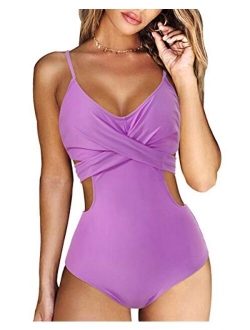 RXRXCOCO Women Front Cross Cutout One Piece Swimsuit Tummy Control High Waisted Monokini Bathing Suit