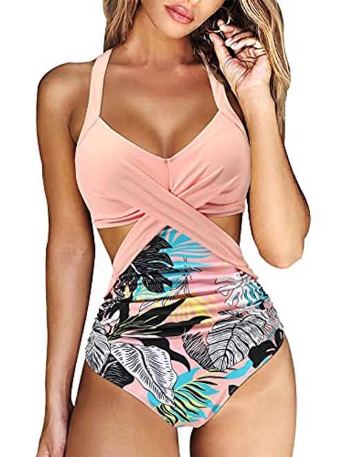 RXRXCOCO Women Front Cross Cutout One Piece Swimsuit Tummy Control High Waisted Monokini Bathing Suit