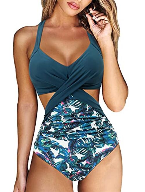 RXRXCOCO Women Front Cross Cutout One Piece Swimsuit Tummy Control High Waisted Monokini Bathing Suit