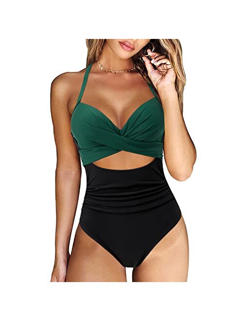 RXRXCOCO Women Front Cross Cutout One Piece Swimsuit Tummy Control High Waisted Monokini Bathing Suit