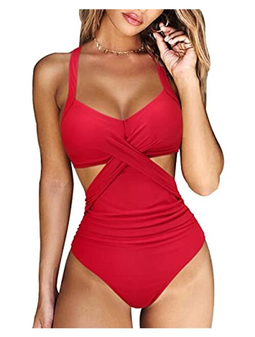 RXRXCOCO Women Front Cross Cutout One Piece Swimsuit Tummy Control High Waisted Monokini Bathing Suit