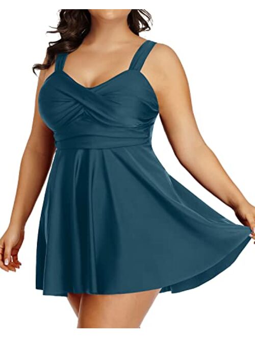 Aqua Eve Plus Size Tankini Swimsuits for Women Two Piece Bathing Suits Flowy Swim Dress with Shorts