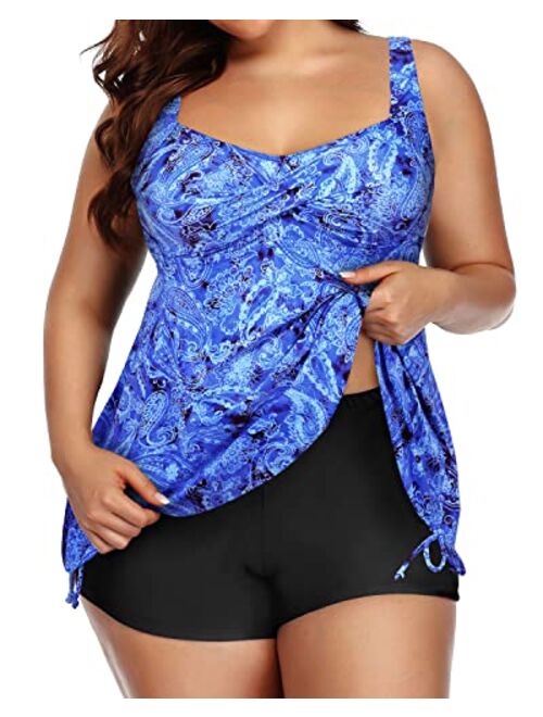 Aqua Eve Women Plus Size Tankini Swimsuit Two Piece Flowy Swimdress Bathing Suits with Shorts