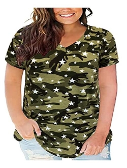 CARCOS Womens Plus Size Tops Short Sleeve Shirts V Neck Tunic Floral/Tie Dye/Solid Summer Tees XL-5X