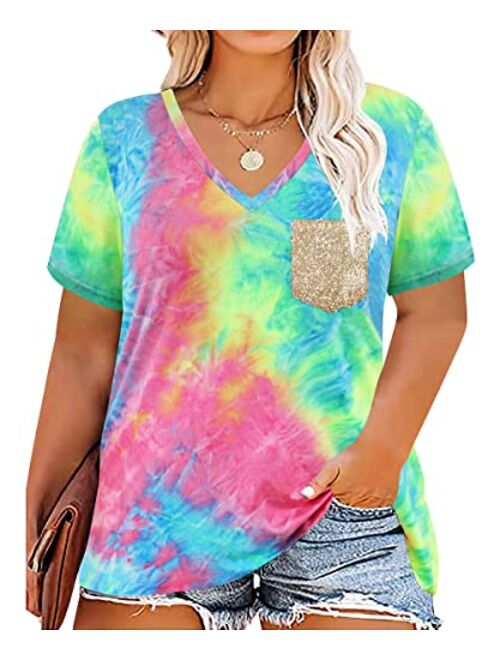 CARCOS Womens Plus Size Tops Short Sleeve Shirts V Neck Tunic Floral/Tie Dye/Solid Summer Tees XL-5X