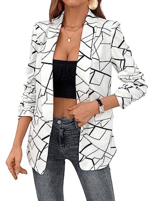 Floerns Women's Long Sleeve Lapel Button Pop Art Print Work Office Blazer