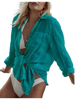 Bsubseach Women Long Sleeve Beach Shirt Blouses Turn Down Collar Bathing Suit Cover Ups