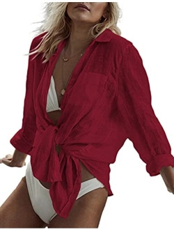 Bsubseach Women Long Sleeve Beach Shirt Blouses Turn Down Collar Bathing Suit Cover Ups