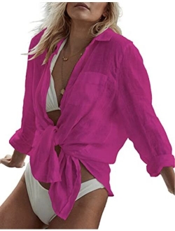 Bsubseach Women Long Sleeve Beach Shirt Blouses Turn Down Collar Bathing Suit Cover Ups