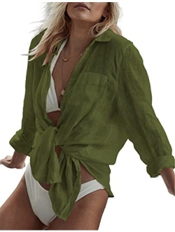 Bsubseach Women Long Sleeve Beach Shirt Blouses Turn Down Collar Bathing Suit Cover Ups