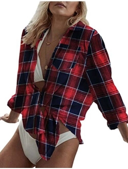 Bsubseach Women Long Sleeve Beach Shirt Blouses Turn Down Collar Bathing Suit Cover Ups