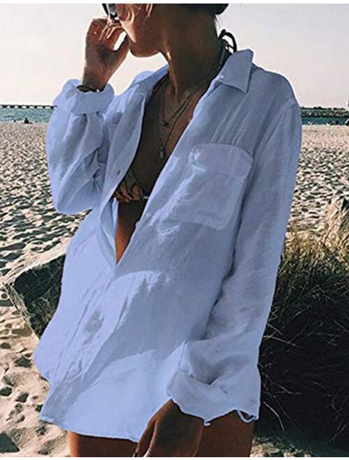 Bsubseach Women Long Sleeve Beach Shirt Blouses Turn Down Collar Bathing Suit Cover Ups