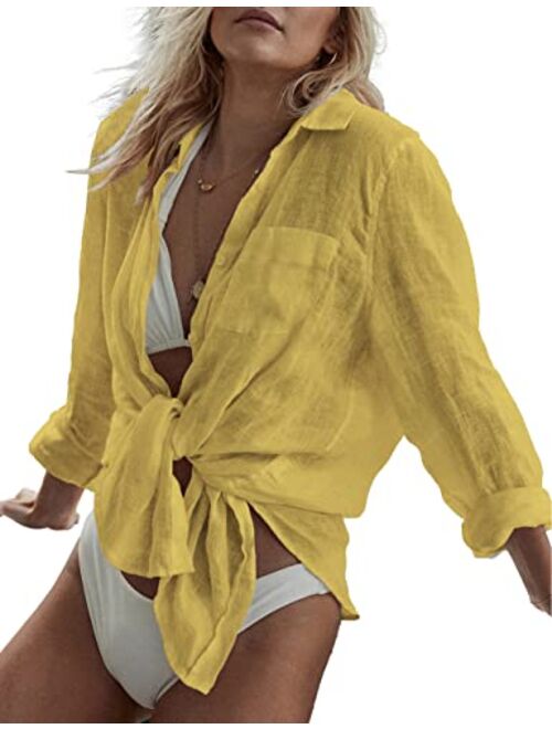 Bsubseach Women Long Sleeve Beach Shirt Blouses Turn Down Collar Bathing Suit Cover Ups