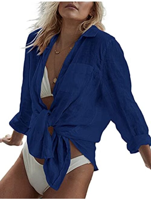 Bsubseach Women Long Sleeve Beach Shirt Blouses Turn Down Collar Bathing Suit Cover Ups