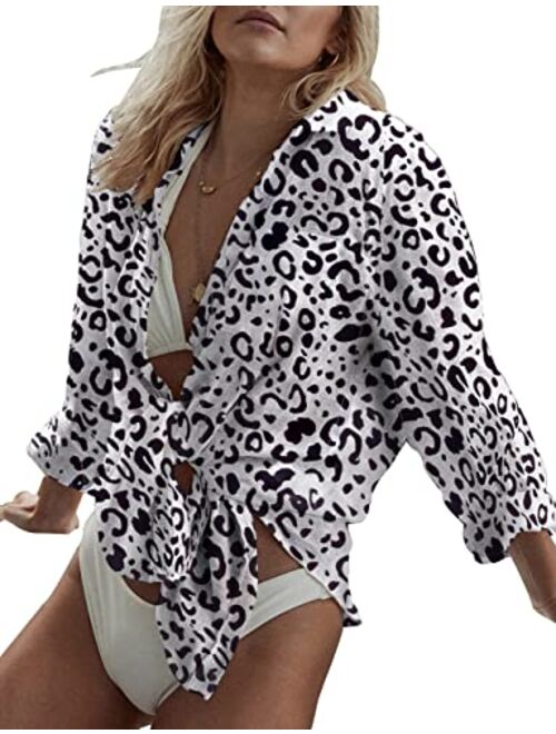 Bsubseach Women Long Sleeve Beach Shirt Blouses Turn Down Collar Bathing Suit Cover Ups