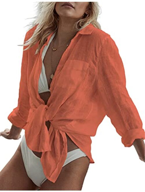 Bsubseach Women Long Sleeve Beach Shirt Blouses Turn Down Collar Bathing Suit Cover Ups