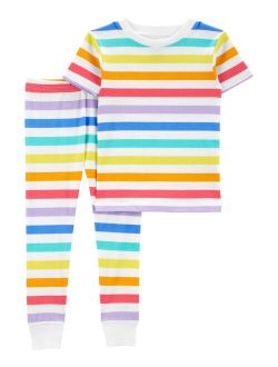Toddler Boys and Girls Rainbow Striped Snug Fit Pajamas, 2 Piece Set