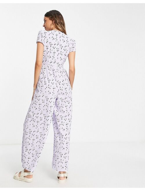 ASOS DESIGN Tall bubble crepe cap sleeve tea button front jumpsuit in lilac ditsy