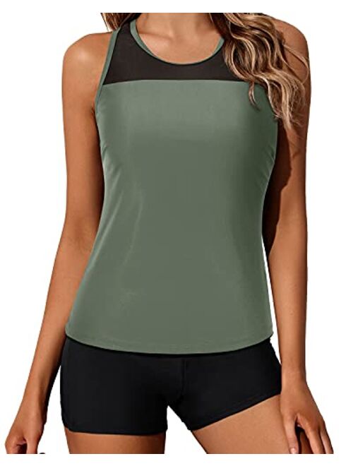 Yonique Tankini Swimsuits for Women with Shorts Athletic Two Piece Bathing Suits Racerback Tank Tops Swimwear