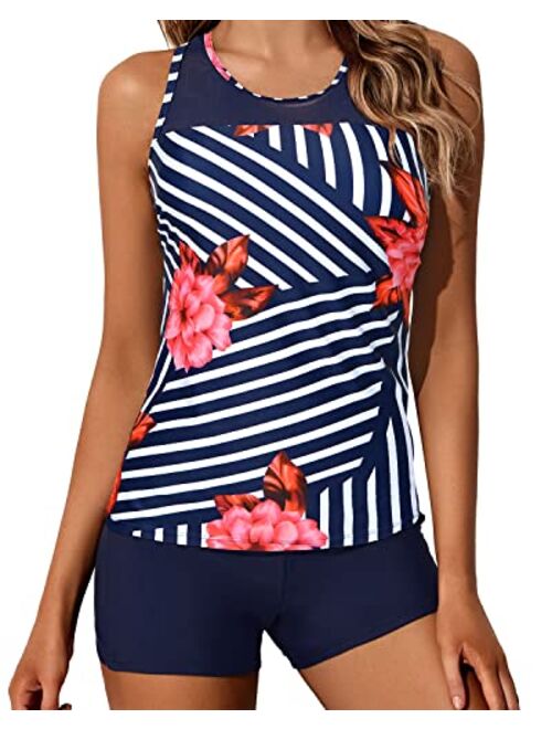 Yonique Tankini Swimsuits for Women with Shorts Athletic Two Piece Bathing Suits Racerback Tank Tops Swimwear