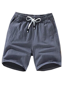 Yeokou Mens Solid Mid Waist Drawstring Loose Fit Casual Cotton Linen Beach Shorts