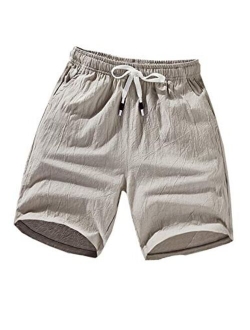 Yeokou Mens Solid Mid Waist Drawstring Loose Fit Casual Cotton Linen Beach Shorts